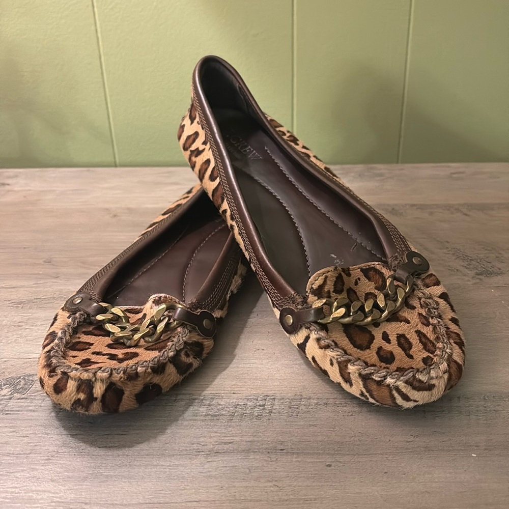 J. Crew calf-hair animal print driving mocs size 8